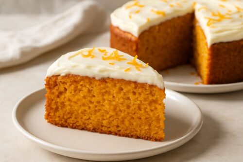 Bolo de cenoura com cobertura de cream cheese e laranja