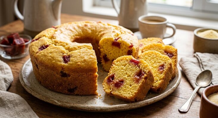 Bolo de Fubá com Goiabada Delicioso Bolo de fubá com pedaços de goiabada
