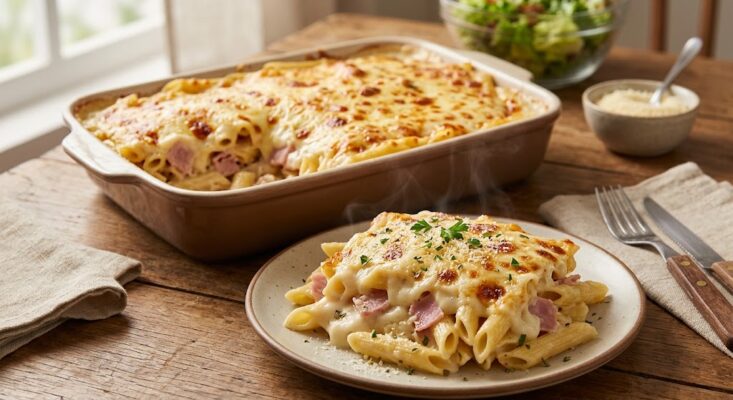 Penne ao molho branco gratinado, servido quente