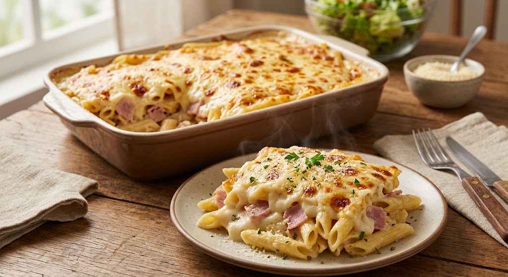 Penne ao molho branco gratinado, servido quente