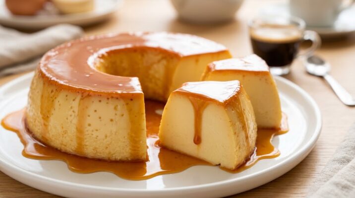 Pudim 4 Leites Delicioso Fatia de pudim 4 leites com calda de caramelo