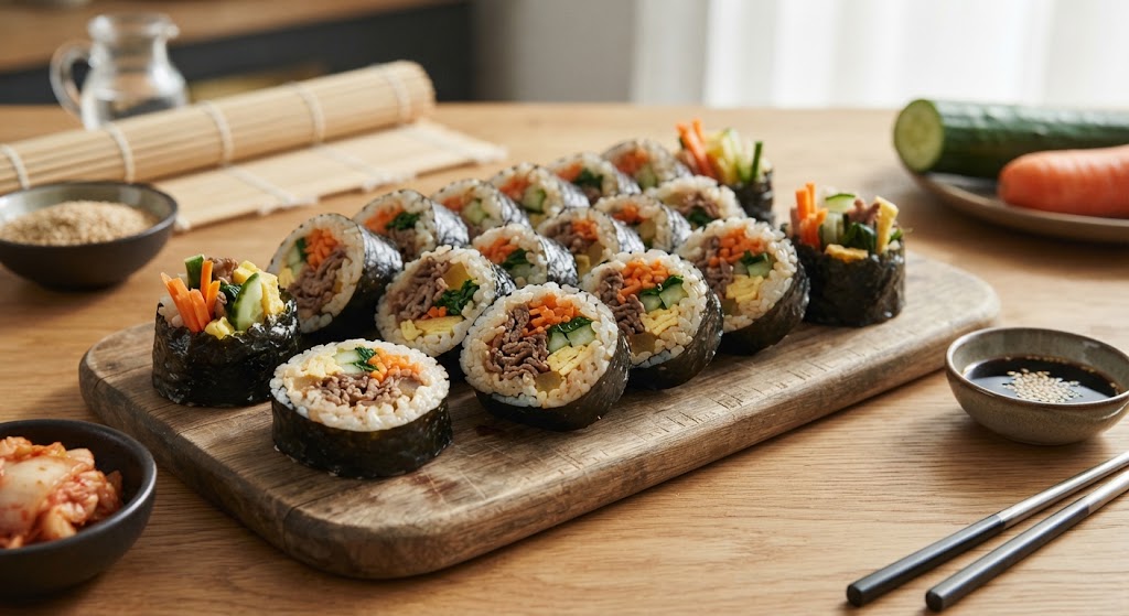 Kimbap: Rolinho de Arroz Coreano com Legumes e Ovo