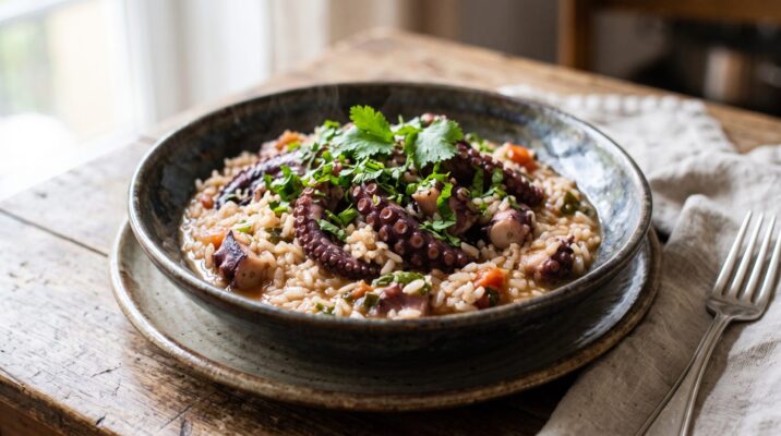 Arroz de Polvo servida em prato, fotografia gastronomica editorial
