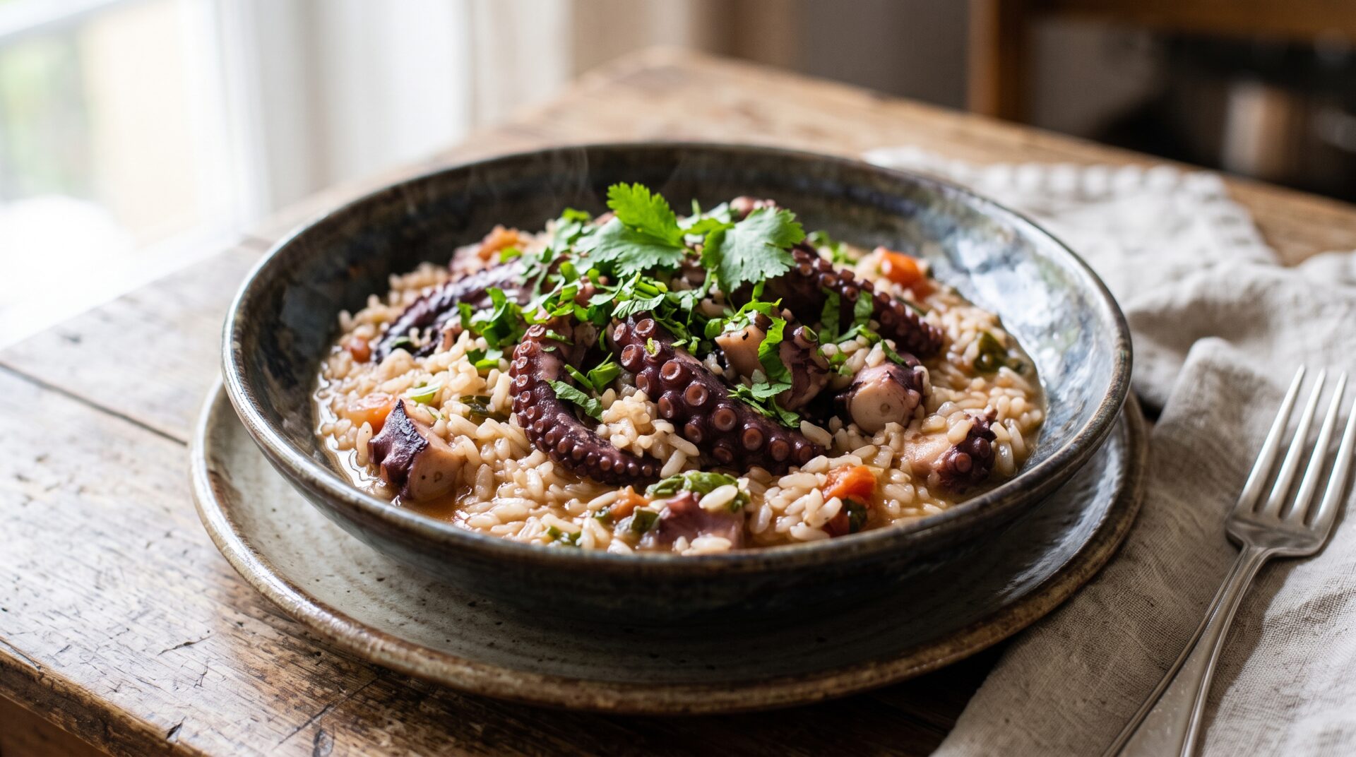 Arroz de Polvo servida em prato, fotografia gastronomica editorial