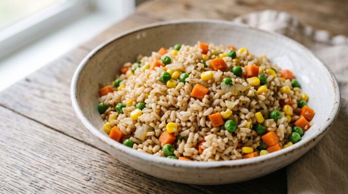 Arroz Integral com Legumes servida em prato, fotografia gastronomica editorial