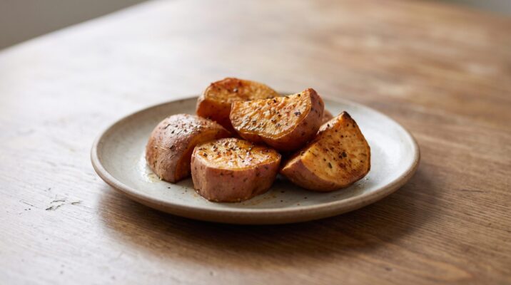 Batata Doce Assada na Air Fryer, prato pronto para servir - fotografia gastronomica editorial