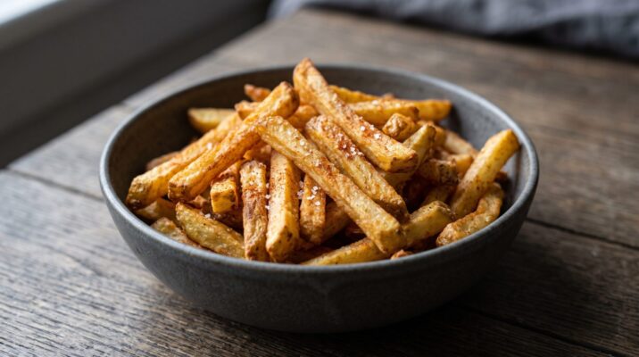 Batata Frita Crocante na Airfryer, prato pronto para servir - fotografia gastronomica editorial