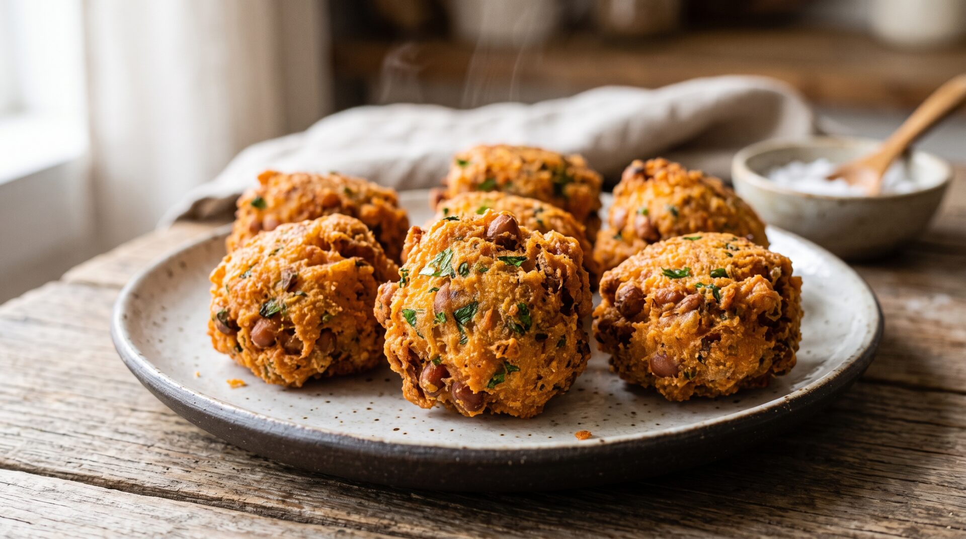 Bolinho de Feijão Frito servida em prato, fotografia gastronomica editorial