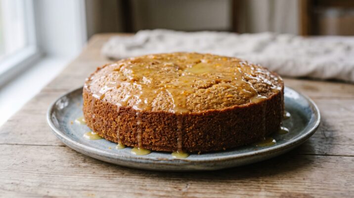 Bolo de Amêndoas sem Glúten com Calda de Laranja, prato pronto para servir - fotografia gastronomica editorial