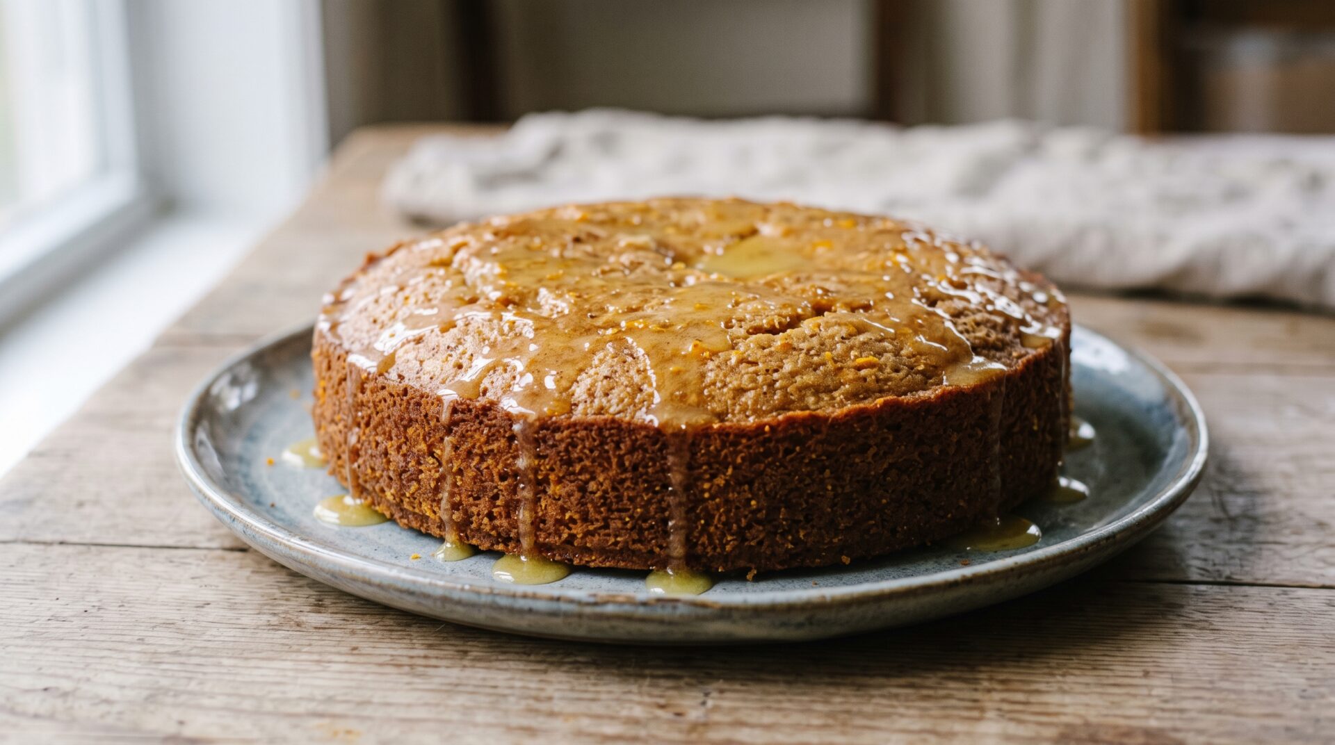 Bolo de Am&ecirc;ndoas sem Gl&uacute;ten com Calda de Laranja, prato pronto para servir - fotografia gastronomica editorial
