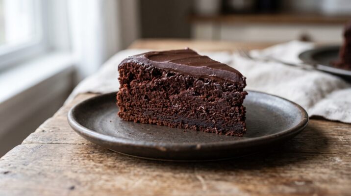 Bolo de Chocolate Belga servida em prato, fotografia gastronomica editorial