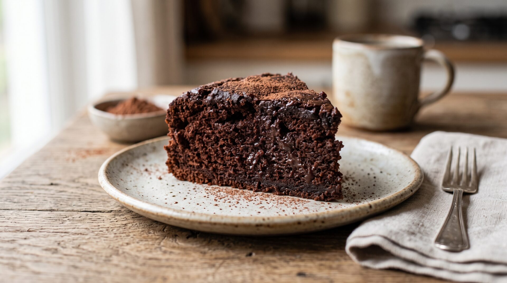 Bolo de Chocolate Molhadinho servida em prato, fotografia gastronomica editorial