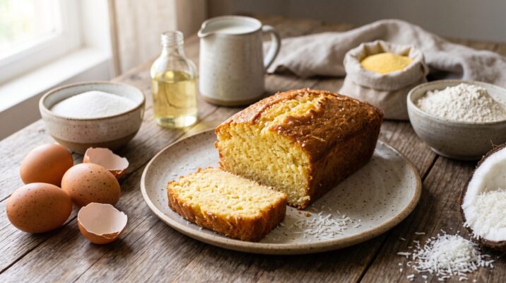 Bolo de Fubá com Coco servida em prato, fotografia gastronomica editorial