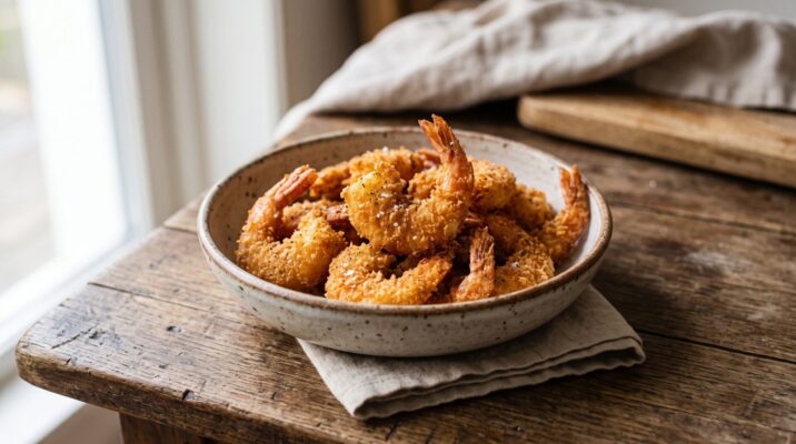 Camarão Empanado Crocante servida em prato, fotografia gastronomica editorial