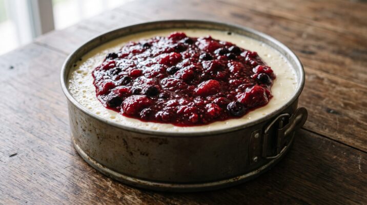 Cheesecake de Frutas Vermelhas Sem Forno, prato pronto para servir - fotografia gastronomica editorial