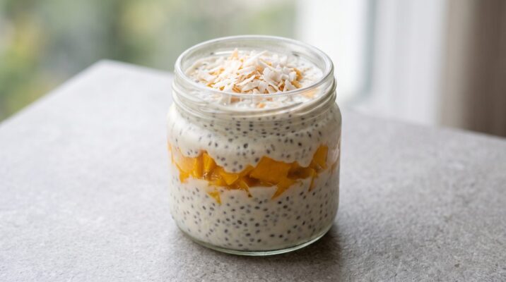 Chia Pudding de Coco com Manga, prato pronto para servir - fotografia gastronomica editorial