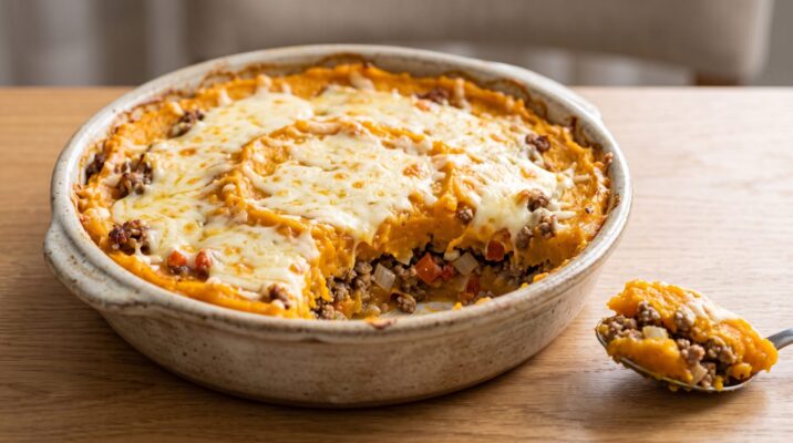 Escondidinho de Abóbora com Carne Moída, prato pronto para servir - fotografia gastronomica editorial