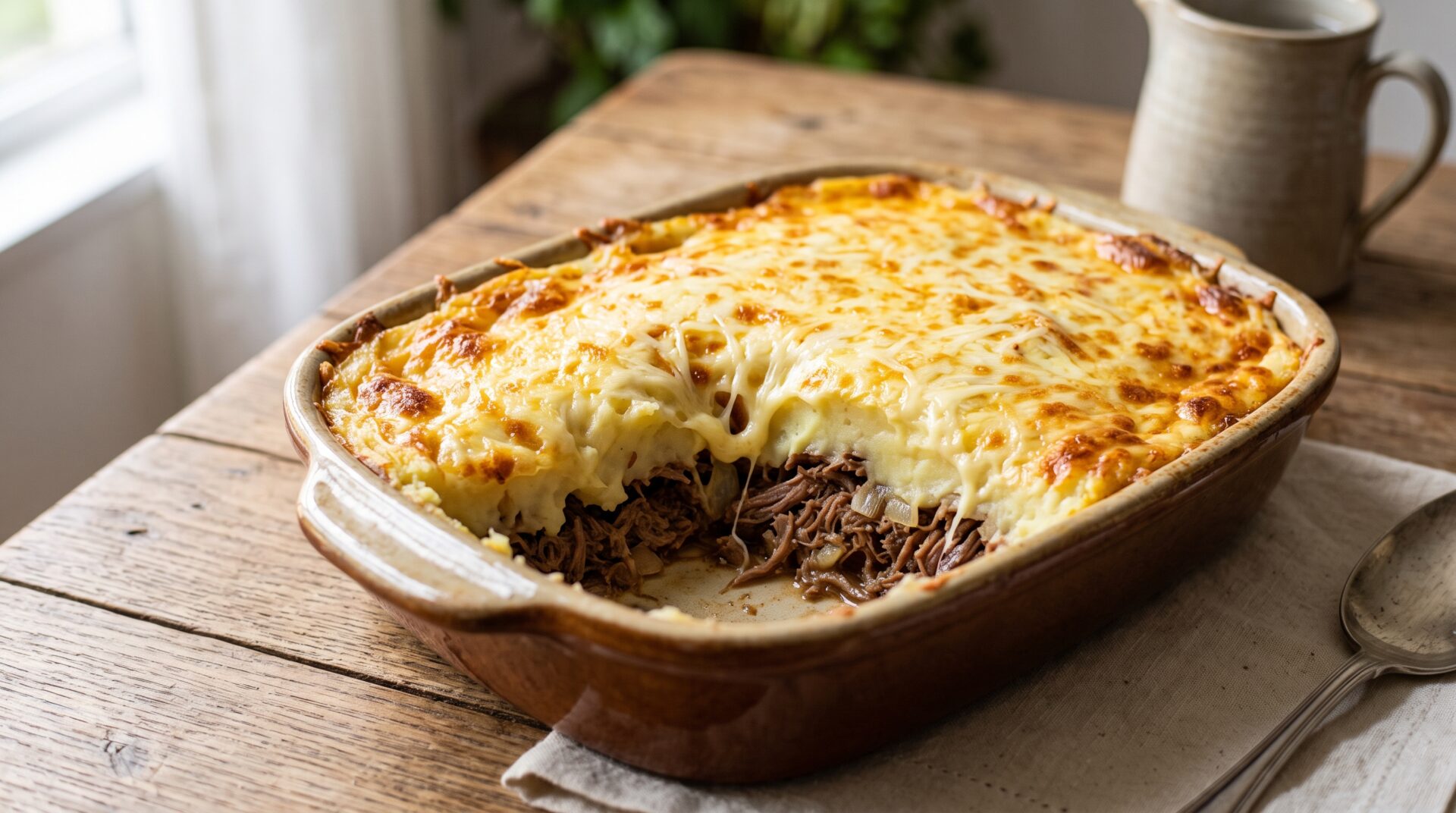 Escondidinho de Carne Seca servida em prato, fotografia gastronomica editorial Escondidinho de Carne Seca servida em prato, fotografia gastronomica editorial