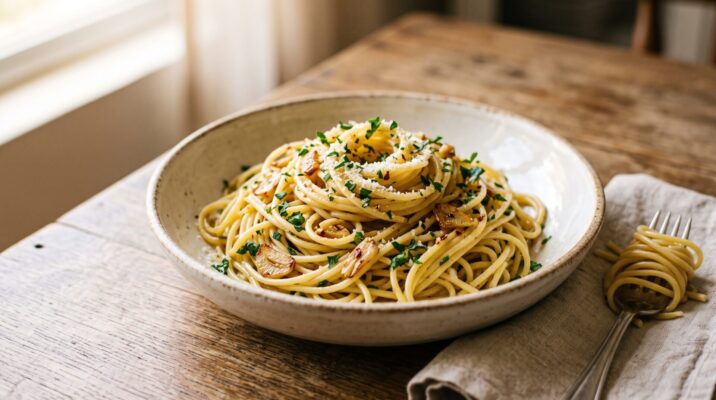 Espaguete ao Alho e Óleo servida em prato, fotografia gastronomica editorial