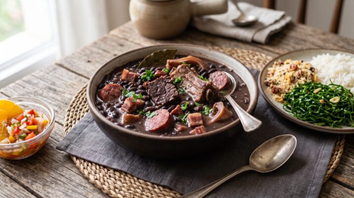 Feijoada Completa Tradicional servida em prato, fotografia gastronomica editorial