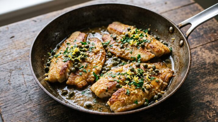 Fil&eacute; de Til&aacute;pia com Molho de Alcaparras e Lim&atilde;o, prato pronto para servir - fotografia gastronomica editorial
