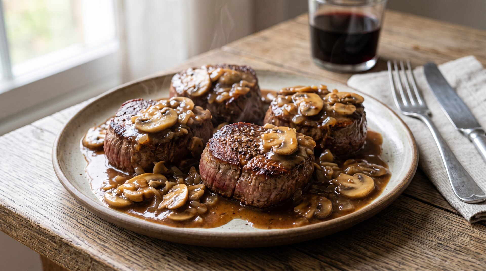 Fil&eacute; Mignon ao Molho Madeira servida em prato, fotografia gastronomica editorial