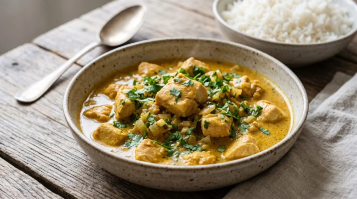 Frango ao Curry servida em prato, fotografia gastronomica editorial Frango ao Curry servida em prato, fotografia gastronomica editorial