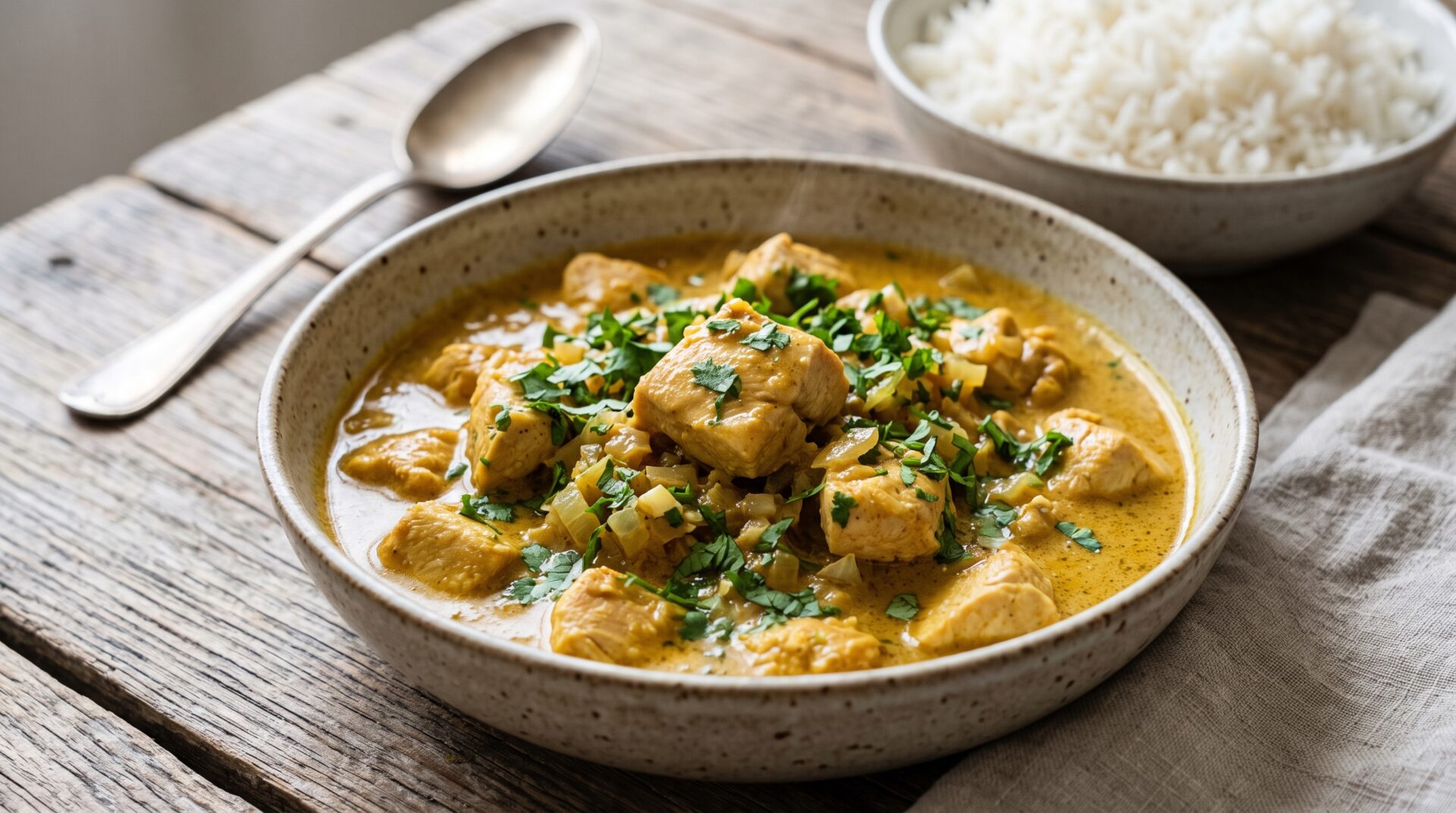 Frango ao Curry servida em prato, fotografia gastronomica editorial