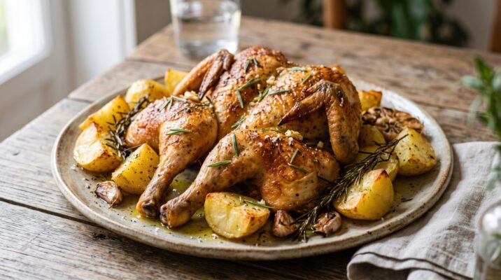 Frango Assado com Batatas servida em prato, fotografia gastronomica editorial