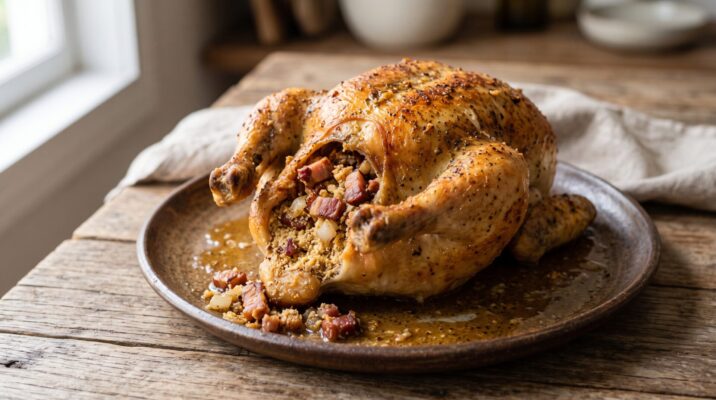 Frango Recheado com Farofa servida em prato, fotografia gastronomica editorial