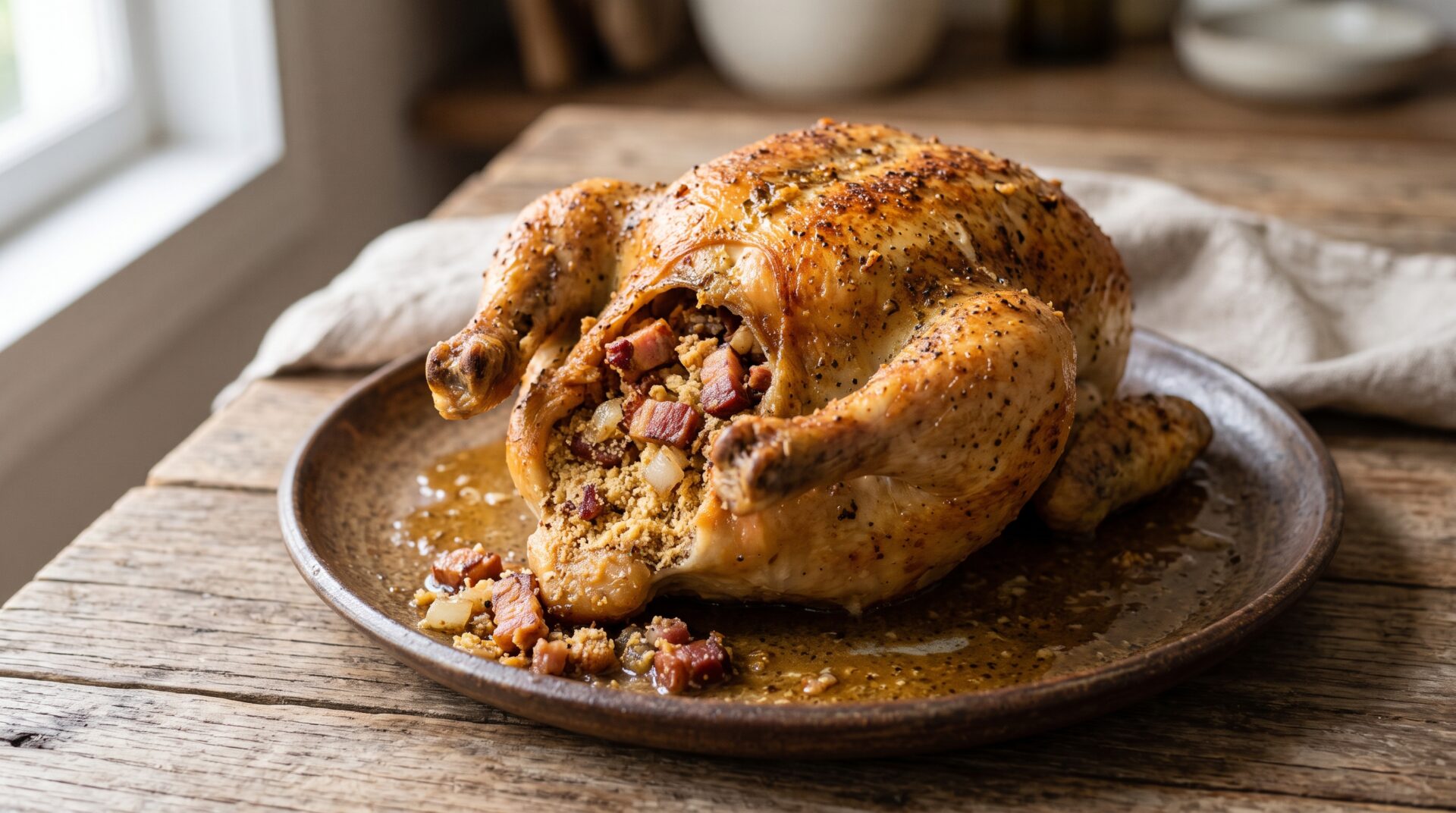 Frango Recheado com Farofa servida em prato, fotografia gastronomica editorial