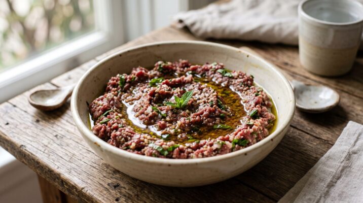 Kibe Cru Temperado servida em prato, fotografia gastronomica editorial
