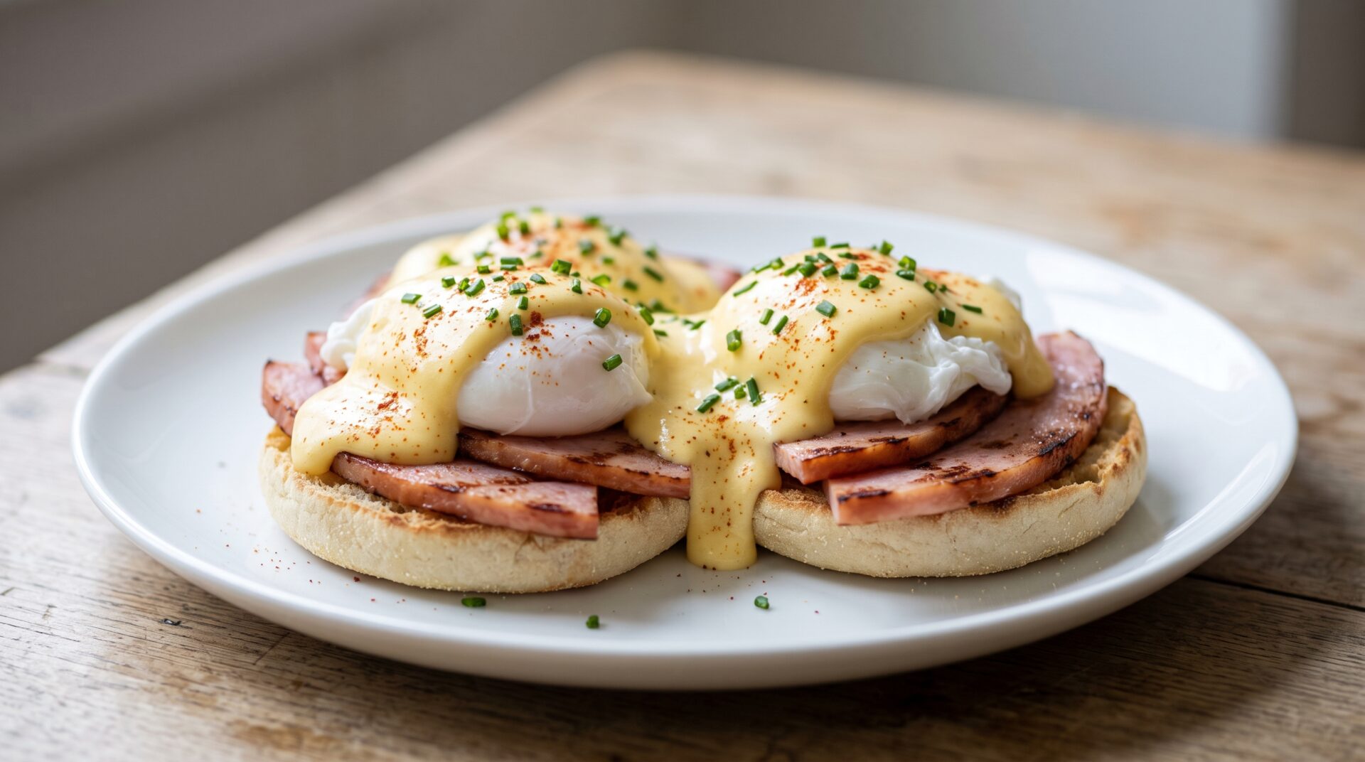 Ovos Benedict com Molho Holandês, prato pronto para servir - fotografia gastronomica editorial