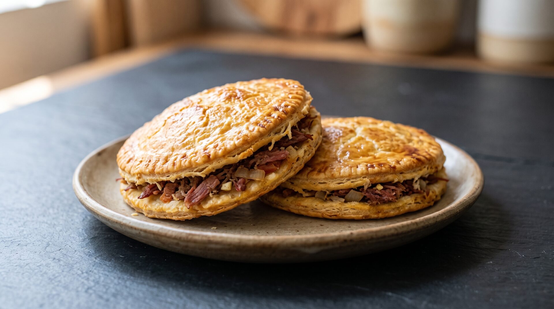 Pastel Assado de Carne Seca, prato pronto para servir - fotografia gastronomica editorial