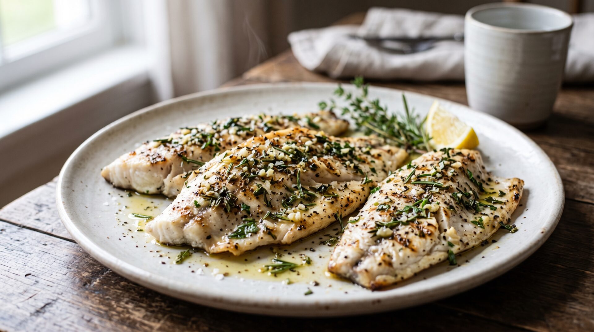 Peixe Grelhado com Ervas servida em prato, fotografia gastronomica editorial Peixe Grelhado com Ervas servida em prato, fotografia gastronomica editorial
