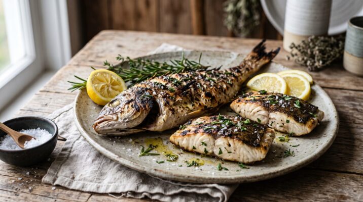 Peixe na Brasa Simples servida em prato, fotografia gastronomica editorial