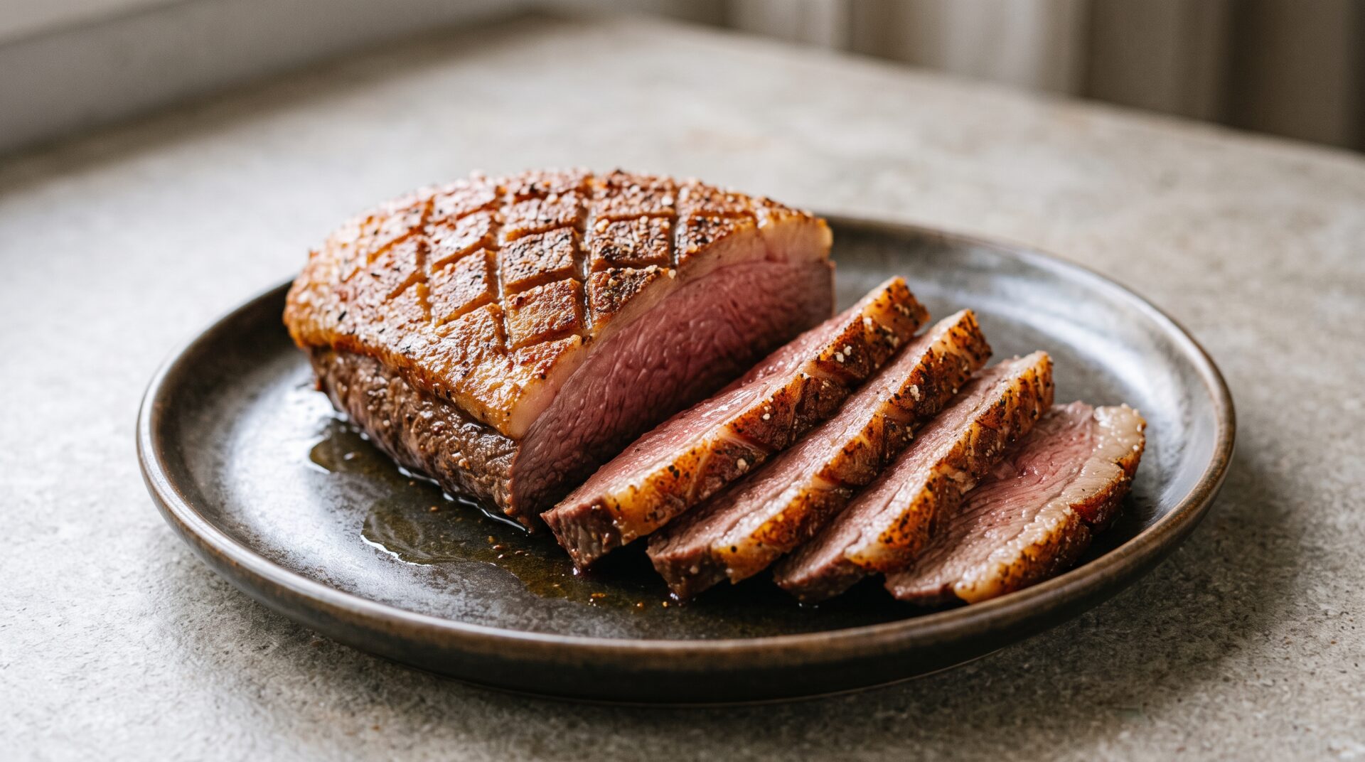 Picanha na Air Fryer, prato pronto para servir - fotografia gastronomica editorial