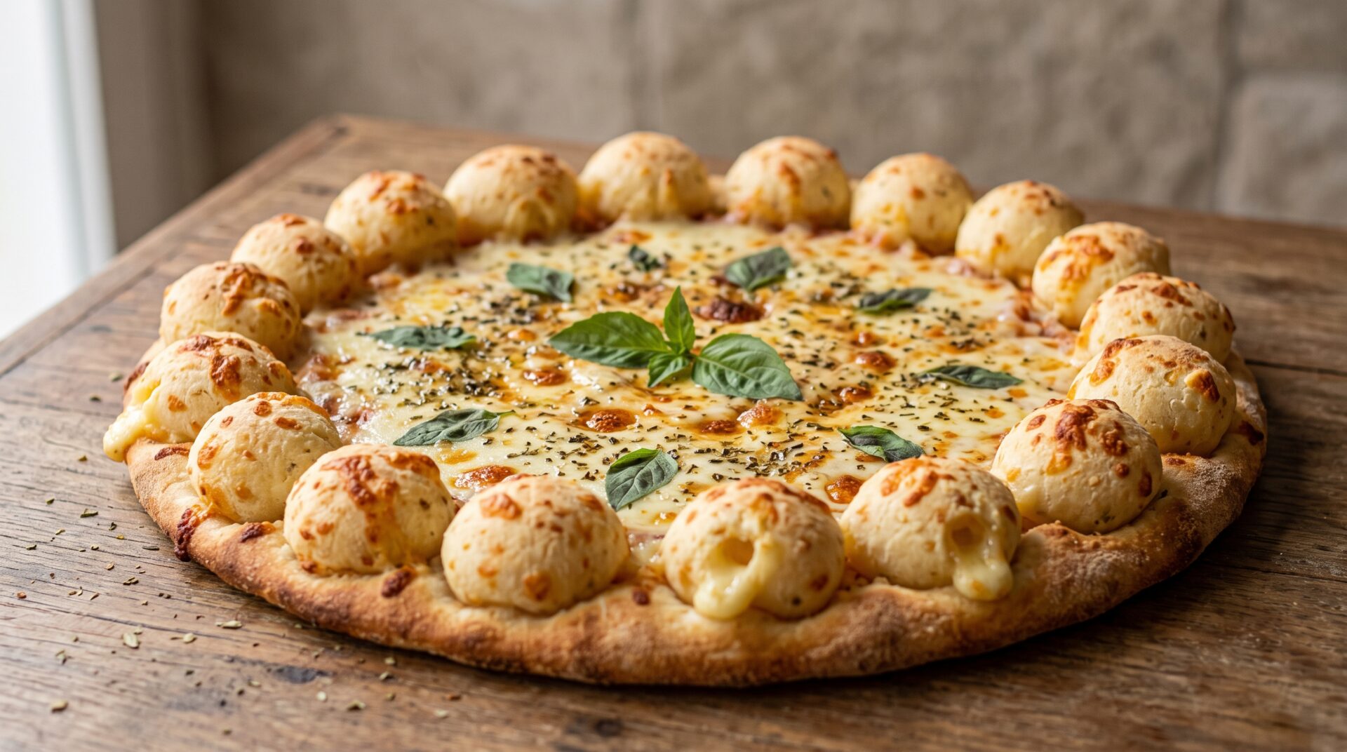 Pizza de Borda Recheada com Pão de Queijo, prato pronto para servir - fotografia gastronomica editorial