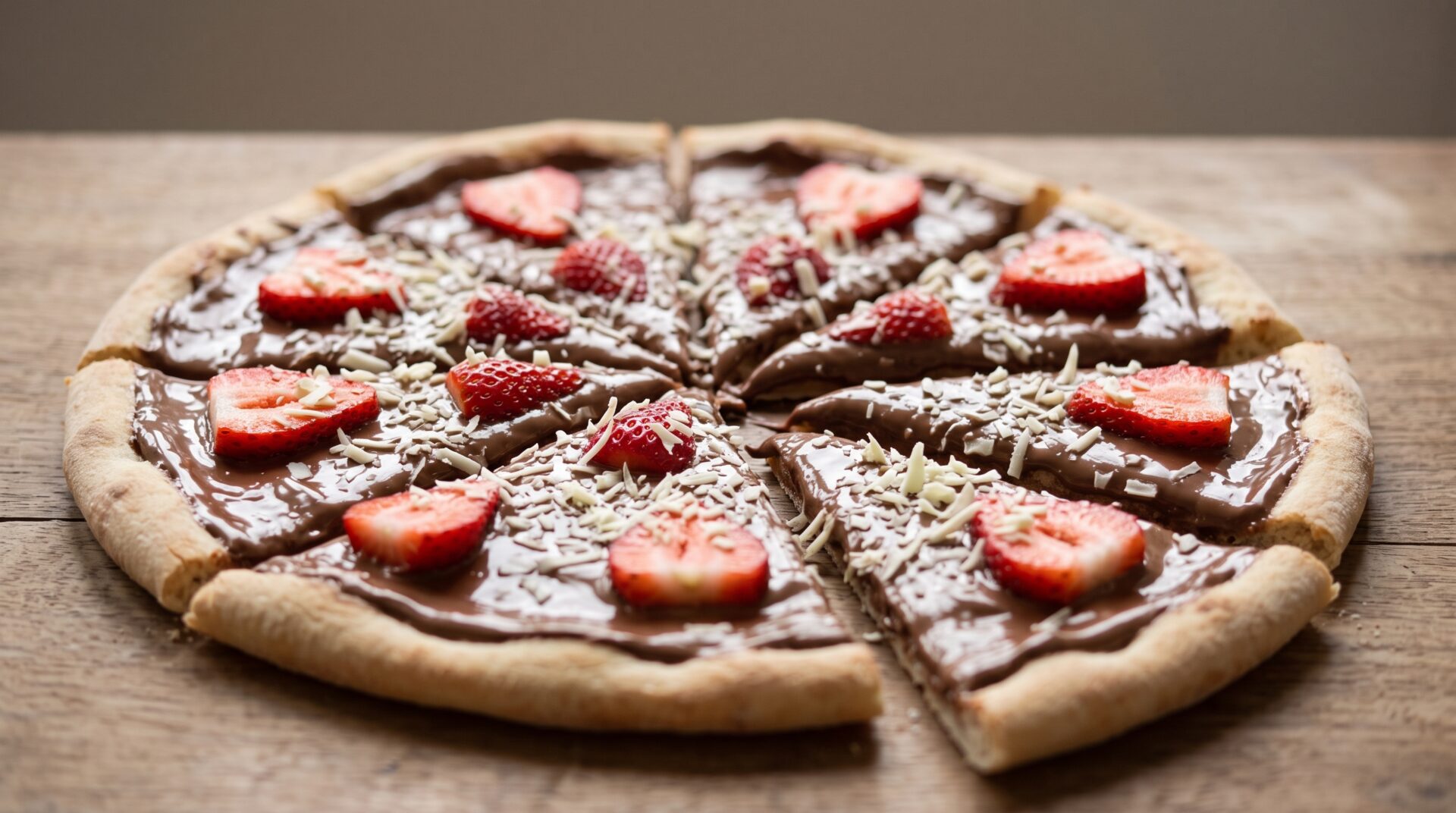 Pizza Doce de Chocolate com Morango, prato pronto para servir - fotografia gastronomica editorial