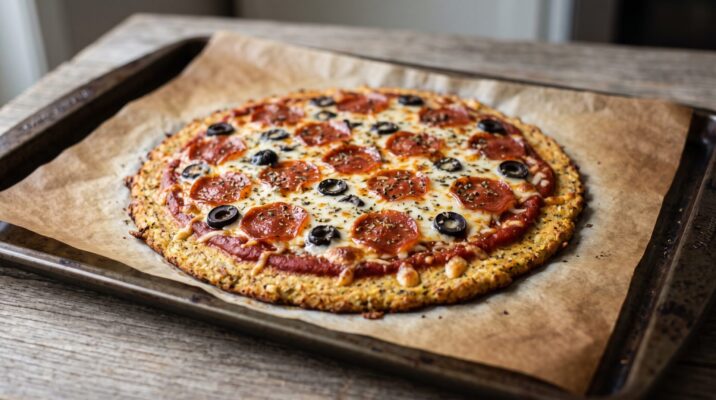 Pizza Low Carb de Couve-flor, prato pronto para servir - fotografia gastronomica editorial