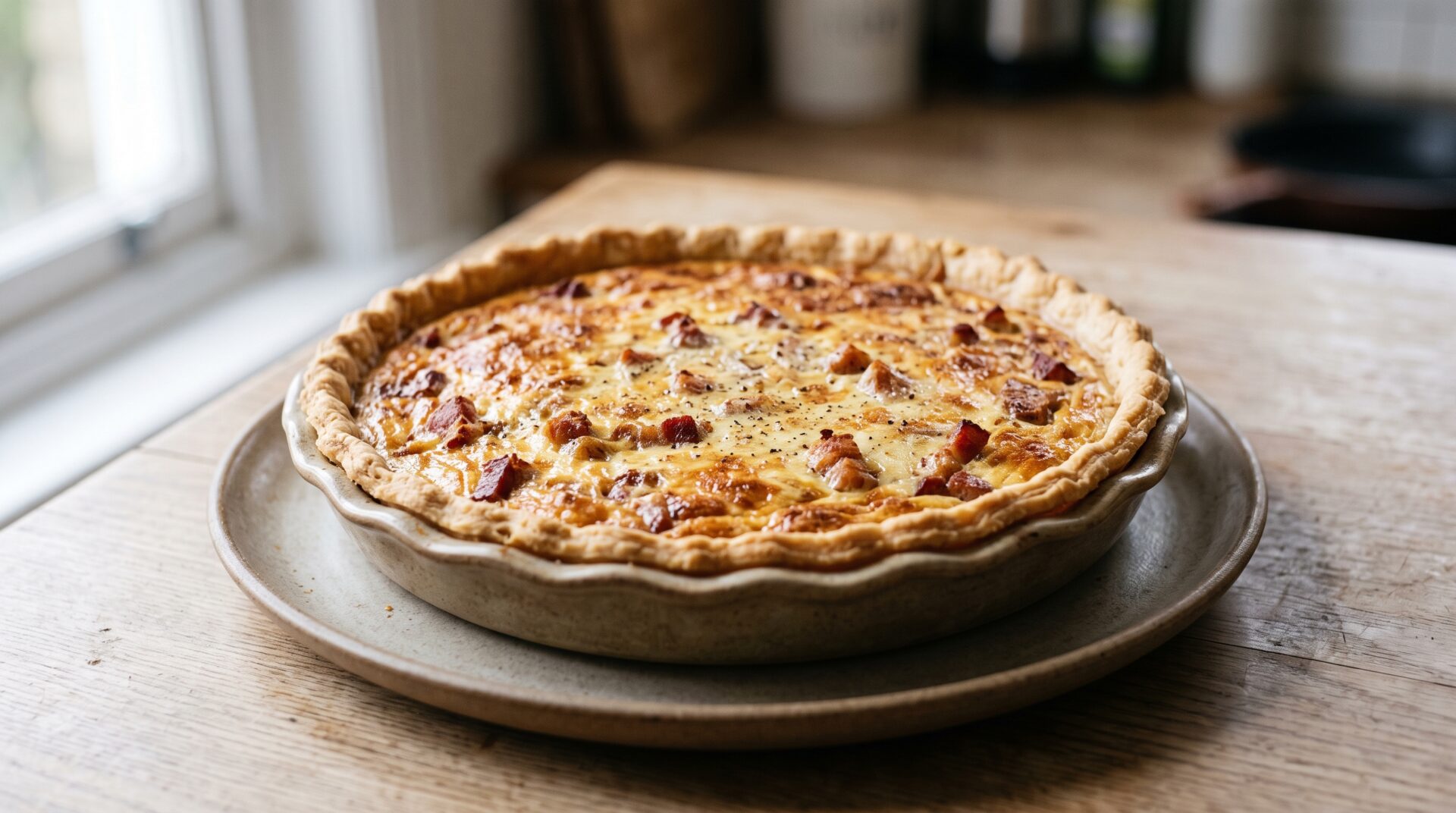 Quiche Lorraine Simples, prato pronto para servir - fotografia gastronomica editorial