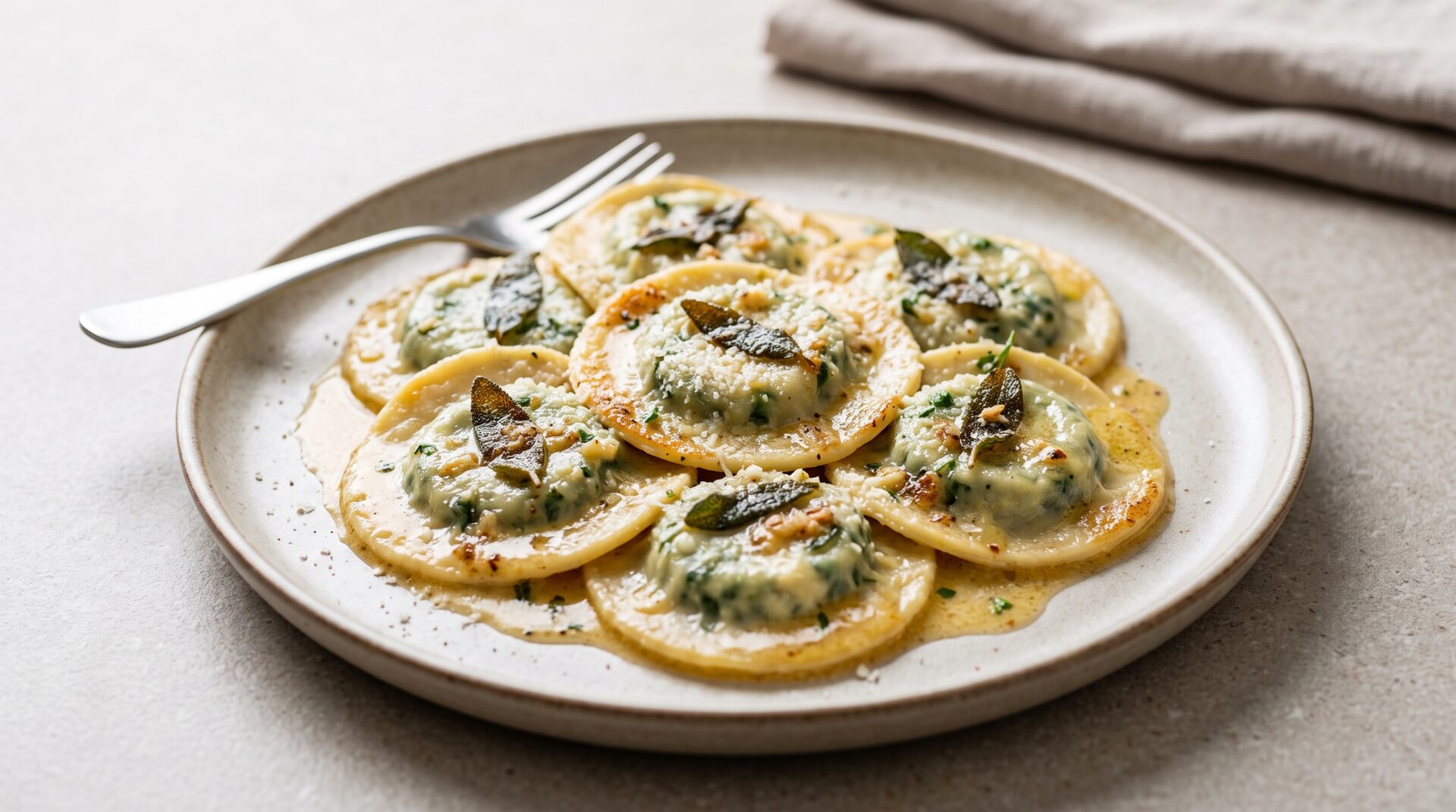 Ravioli de Ricota e Espinafre ao Molho de Manteiga e Sálvia, prato pronto para servir - fotografia gastronomica editorial