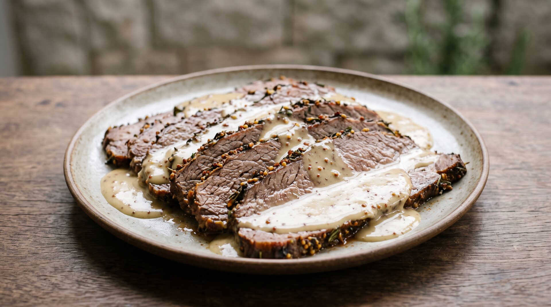Rosbife de Panela com Crosta de Ervas e Molho de Mostarda, prato pronto para servir - fotografia gastronomica editorial