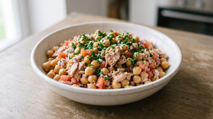 Salada de Grão-de-bico com Atum, prato pronto para servir - fotografia gastronomica editorial
