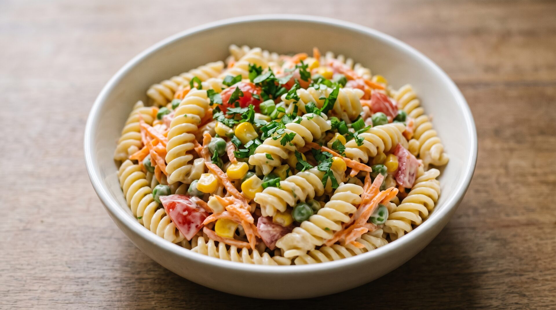 Salada de Macarr&atilde;o Fria, prato pronto para servir - fotografia gastronomica editorial