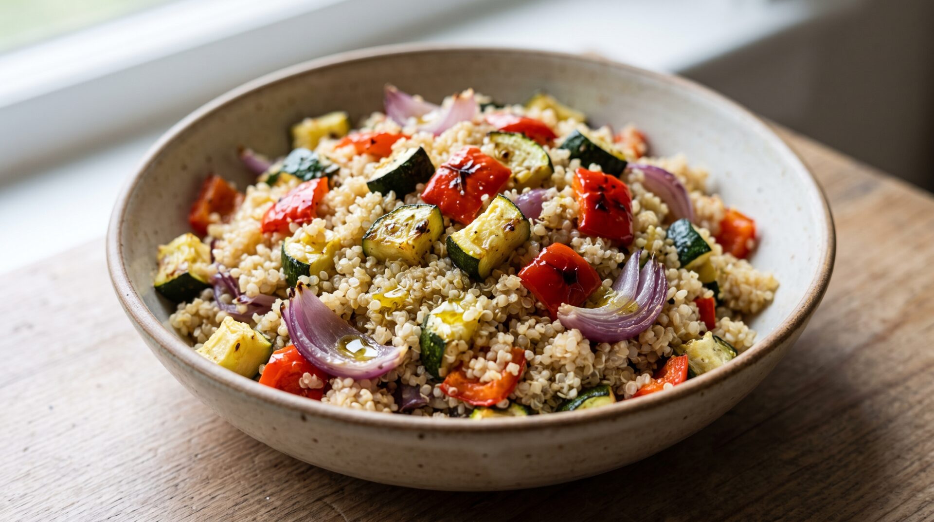 Salada de Quinoa com Legumes Assados, prato pronto para servir - fotografia gastronomica editorial