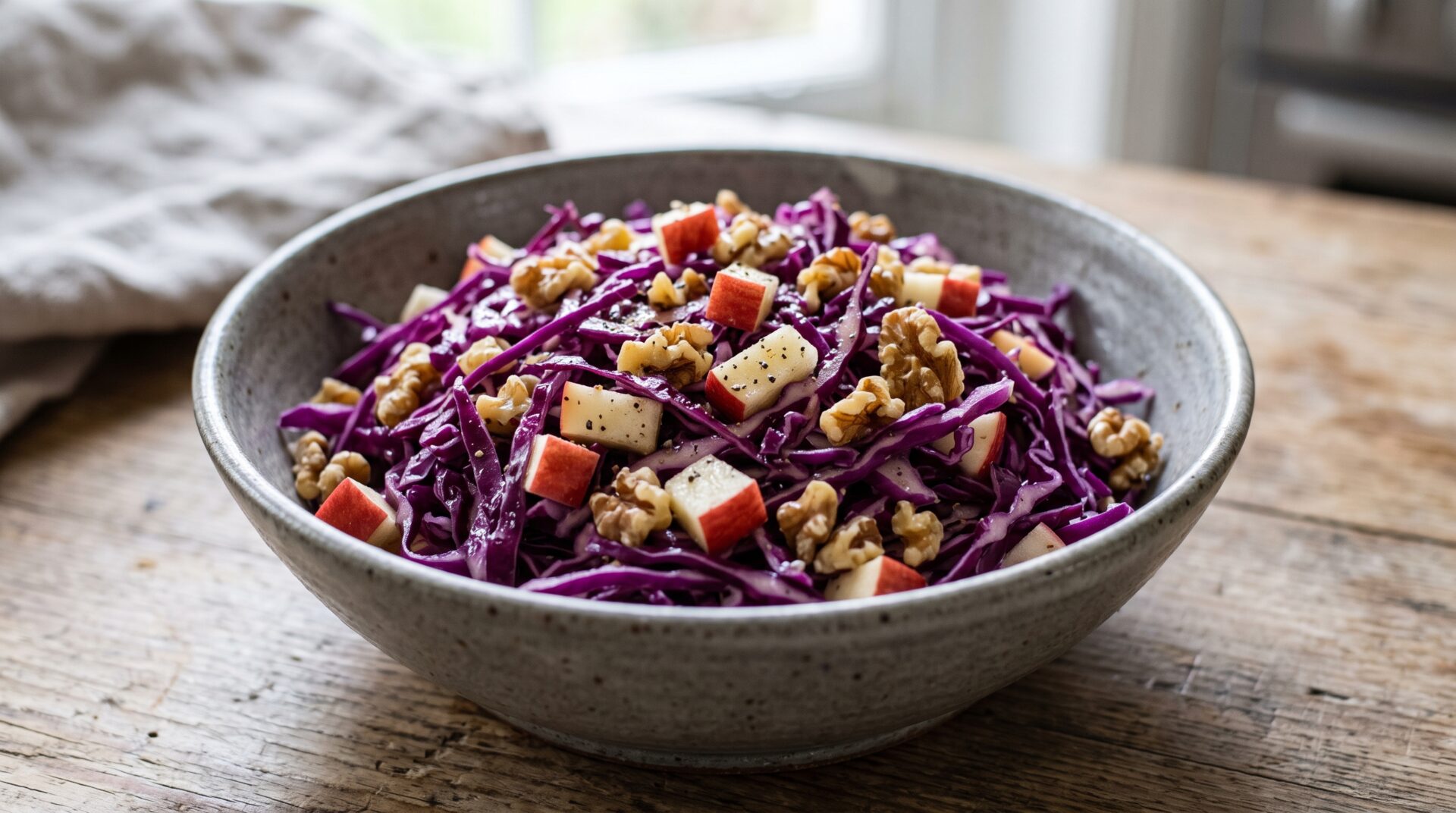 Salada de Repolho Roxo com Ma&ccedil;&atilde; e Nozes, prato pronto para servir - fotografia gastronomica editorial