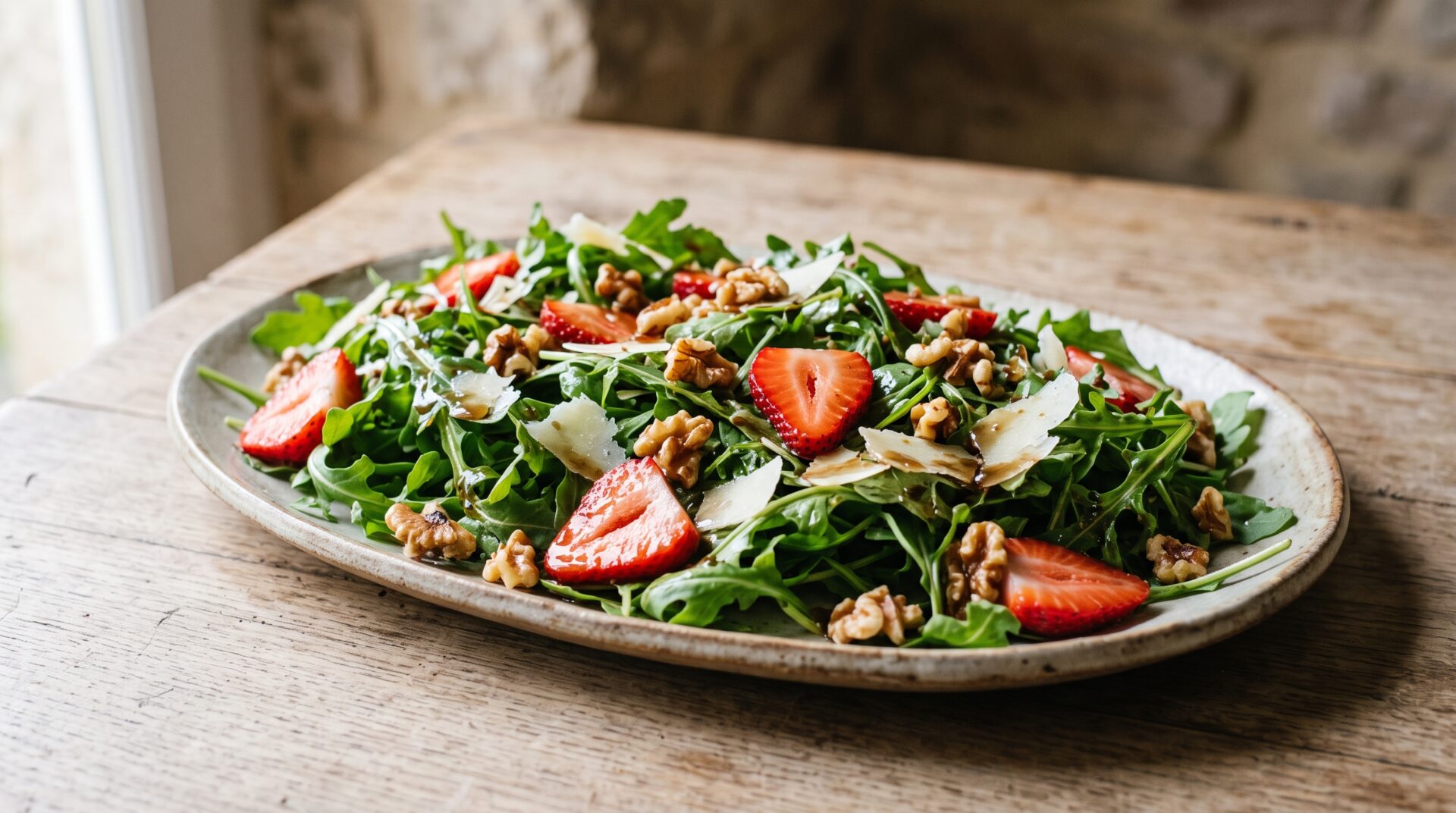 Salada de Rúcula com Morango e Nozes, prato pronto para servir - fotografia gastronomica editorial