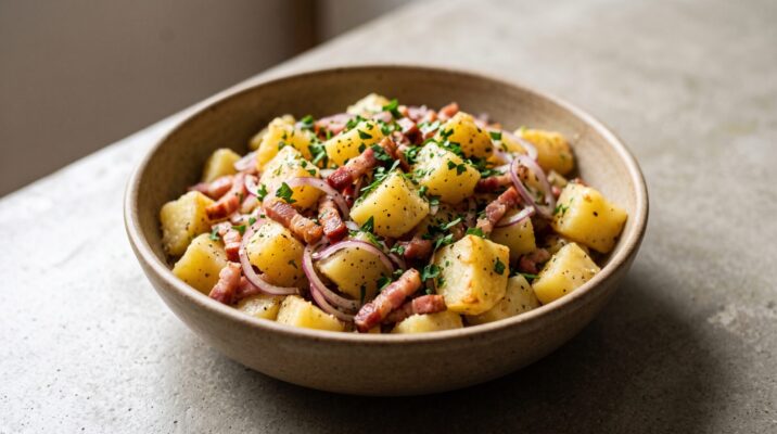 Salada Morna de Batata com Bacon, prato pronto para servir - fotografia gastronomica editorial