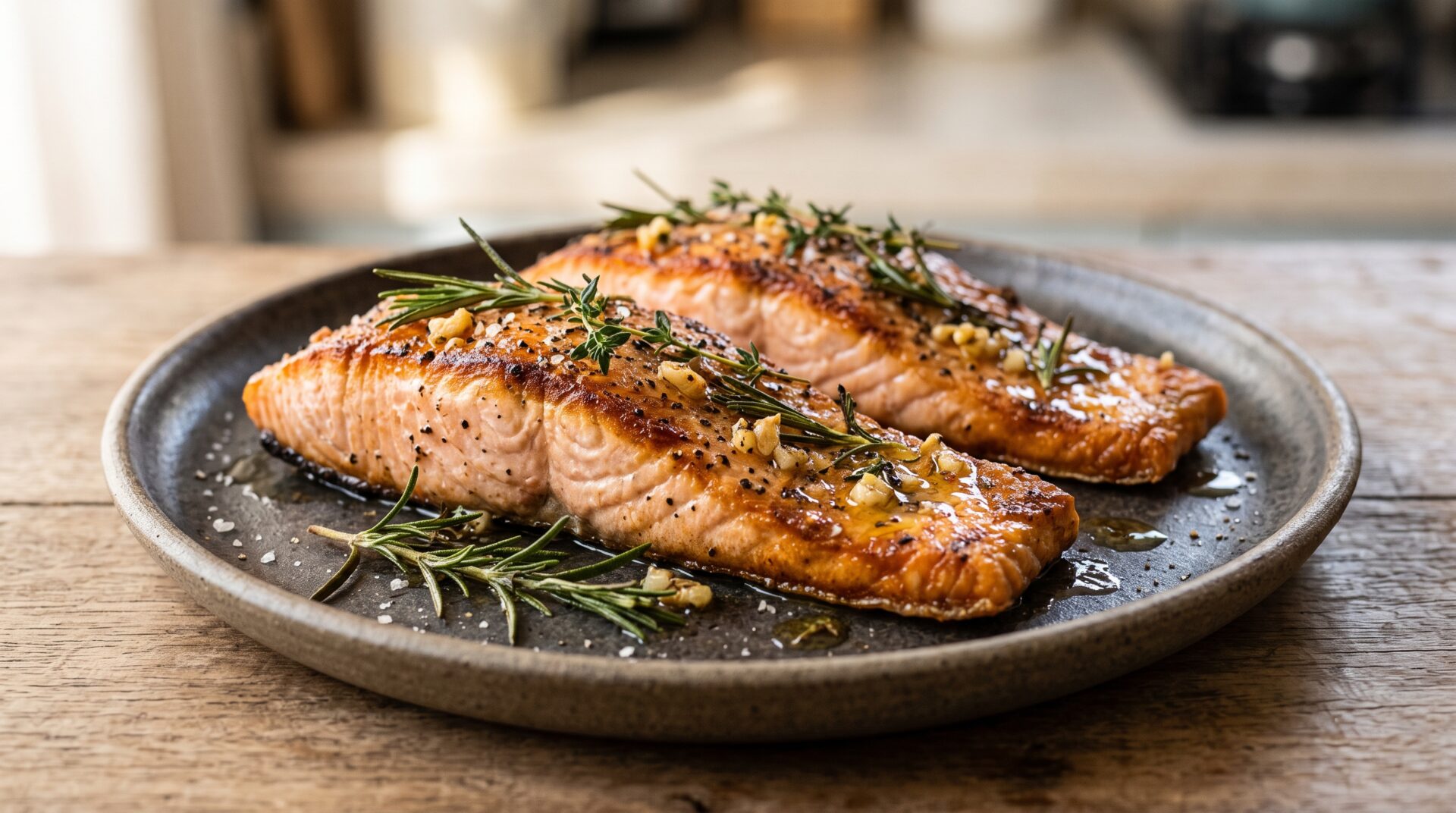 Salm&atilde;o na Air Fryer com Ervas, prato pronto para servir - fotografia gastronomica editorial